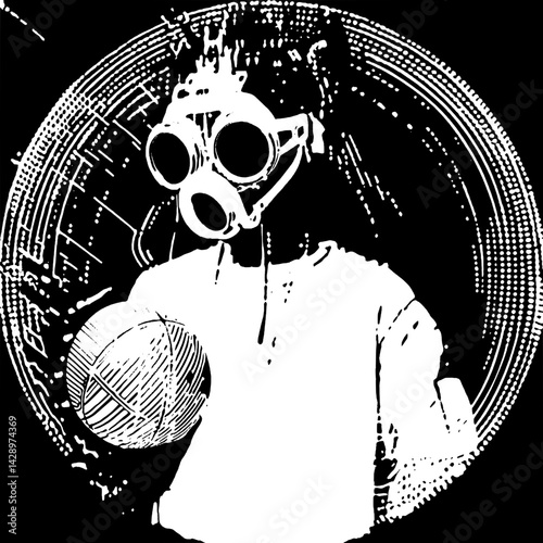 Exploring a surreal basketball moment with a masked figure amid swirling digital patterns
