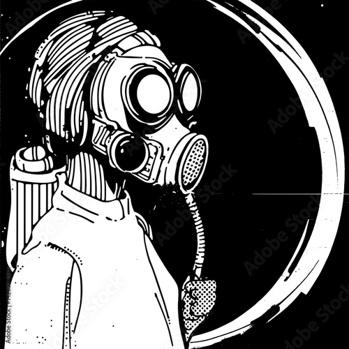 Unique portrayal of a character in a gas mask looking out into an uncertain world, blending art with a sense of mystery under the moonlight