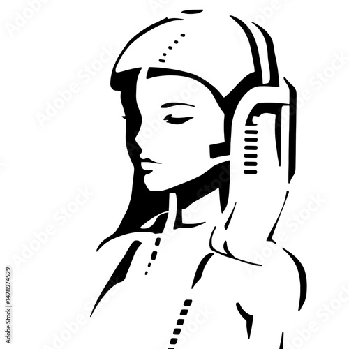 Futuristic female cyborg character with an elegant design in monochrome style showcasing advanced technology and artistry