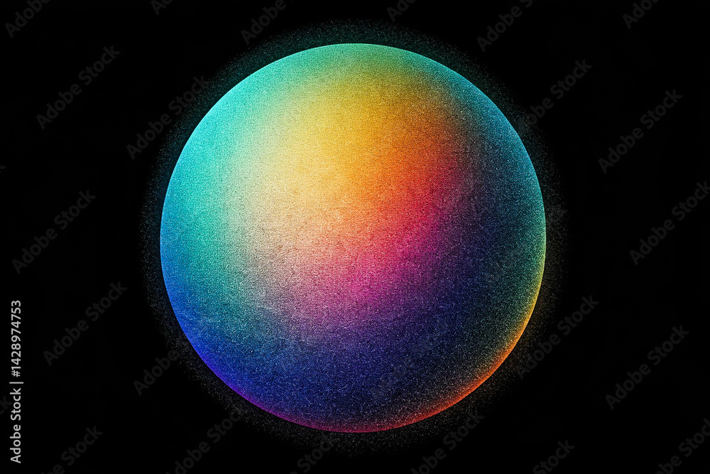Colorful Gradient Sphere on Black Background, noise texture effect, large banner copy space ,abstract noise texture banner