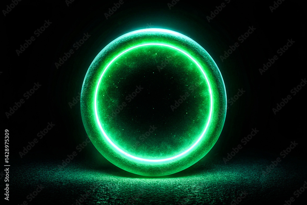Glowing Green Circular Light on Dark Background, noise texture effect, large banner copy space ,abstract noise texture banner