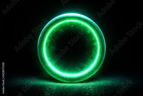 Obraz na płótnie Glowing Green Circular Light on Dark Background, noise texture effect, large banner copy space ,abstract noise texture banner w salonie