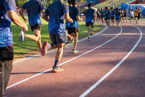 Group of young athletes running on a track field during morning training, active lifestyle, fitness and teamwork concept.