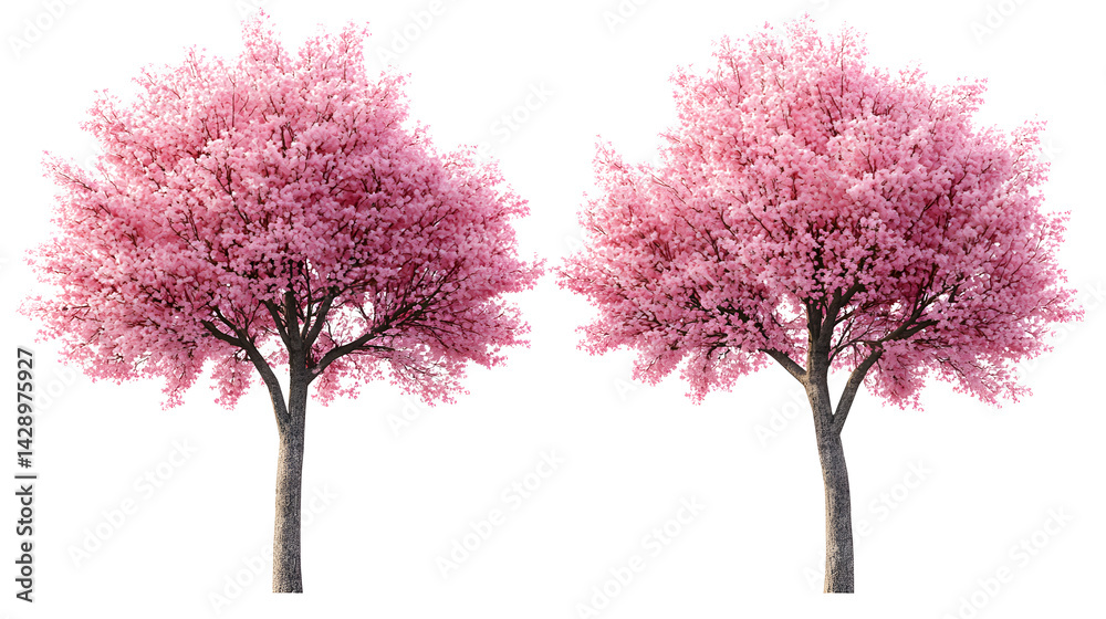 Two pink cherry trees are blooming on a transparent background Two pink cherry trees are blooming on a transparent background
