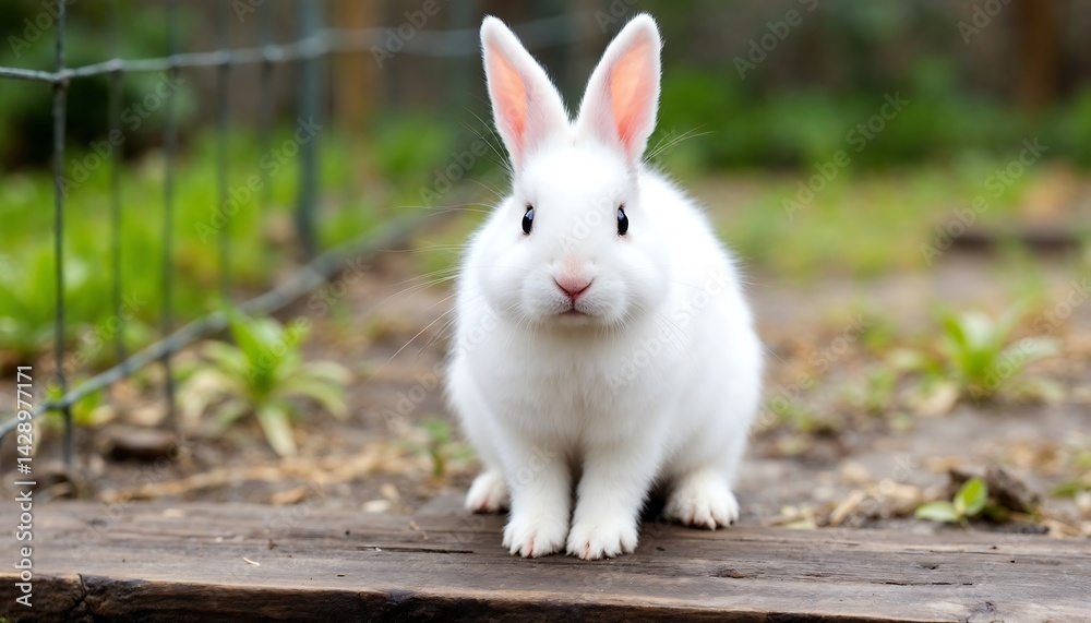 Cute White Rabbit Sitting Outdoors in Garden Looking at Camera Cute White Rabbit Sitting Outdoors in Garden Looking at Camera