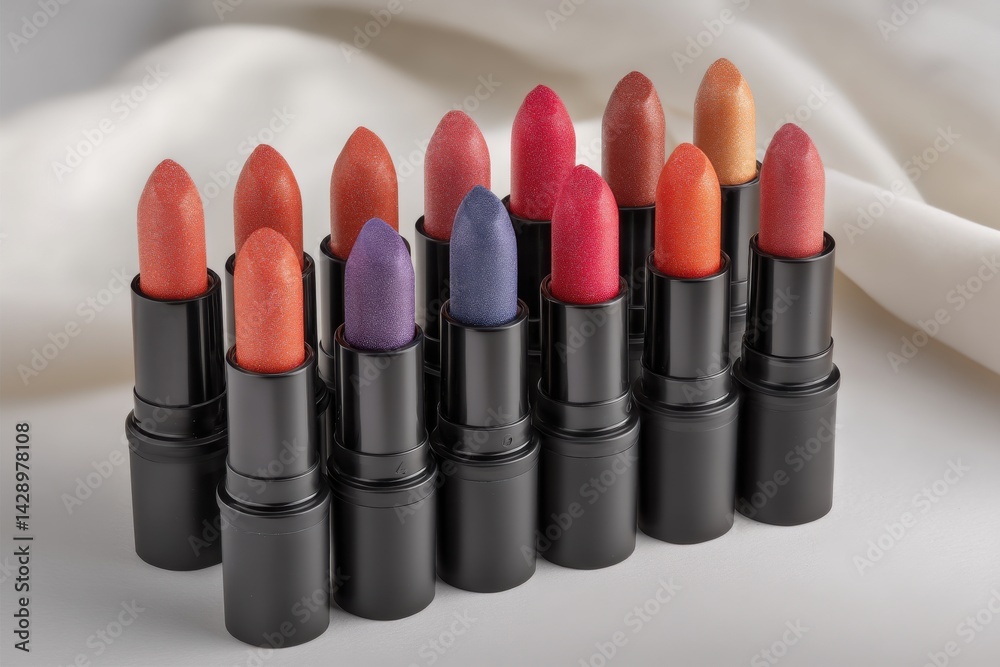 Obraz premium Close-up shot featuring a variety of different colors of lipstick tubes lined up on a white surface, contrasting with the black cases, and soft background.