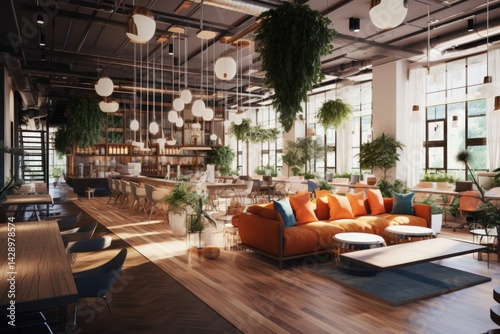 Modern office space with large windows and multiple seating areas