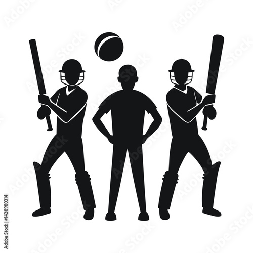Black silhouette of Indian cricketers with bat and ball
