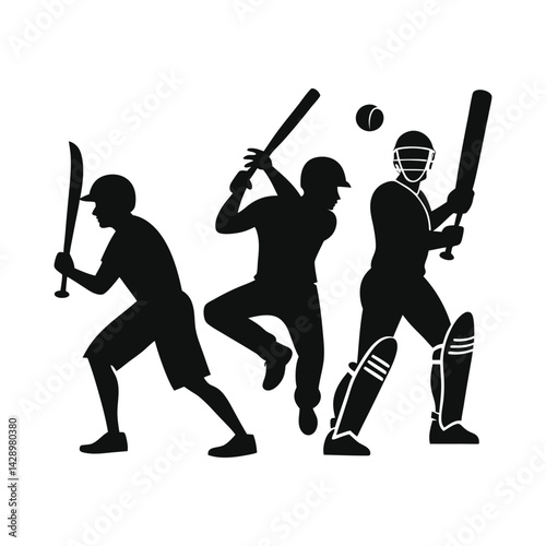 Black silhouette of Indian cricketers with bat and ball