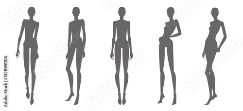 Female fashion silhouette figure templates. Full-length standing different poses front, side, back views woman body fashion design. Technical drawing shape. Vector sketch line printable illustration