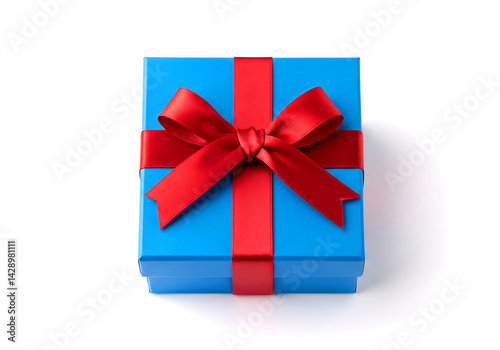 A vibrant blue gift box with a red ribbon bow isolated on white background.