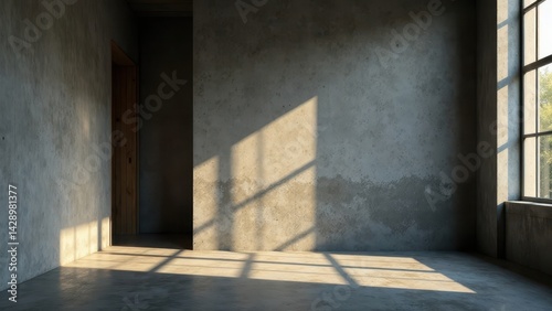 Empty Industrial Room with Sunlight Streaming Through a Window and a Wooden Doorway