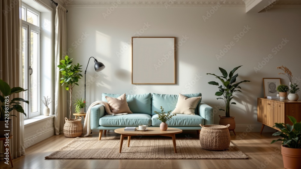 Fototapeta premium Cozy Modern Living Room with Light Blue Sofa, Plants, and Minimalist Decor