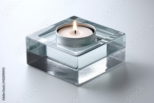 Elegant tealight candle in a square glass holder, creating a warm and inviting ambiance in a softly lit, serene setting with a minimal and modern aesthetic.