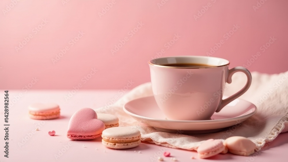 A delightful pink teacup filled with a warm beverage rests on a saucer, accompanied by delicate heart-shaped and round macarons on a soft pink surface. A delightful pink teacup filled with a warm beverage rests on a saucer, accompanied by delicate heart-shaped and round macarons on a soft pink surface.