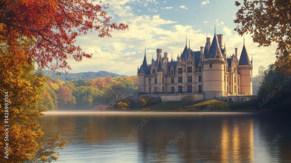 Obraz premium Castle with lake view on autumn day. Majestic architecture use as travel imagery