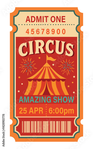  Circus ticket. Vector flat bright template, vertical ticket in vintage style, simple style, color palette red beige yellow