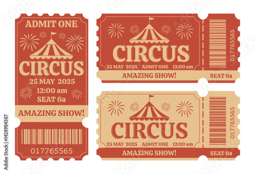 Circus tickets. Vector flat templates vertical tickets in vintage style, simple style, red beige color palette