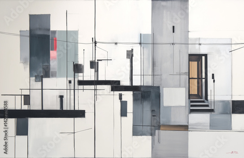 Minimalist Abstract Painting with Geometric Squares and Rectangles in Light Gray and White — Subtle Gradients and Thin Lines on a Balanced Canvas Layout