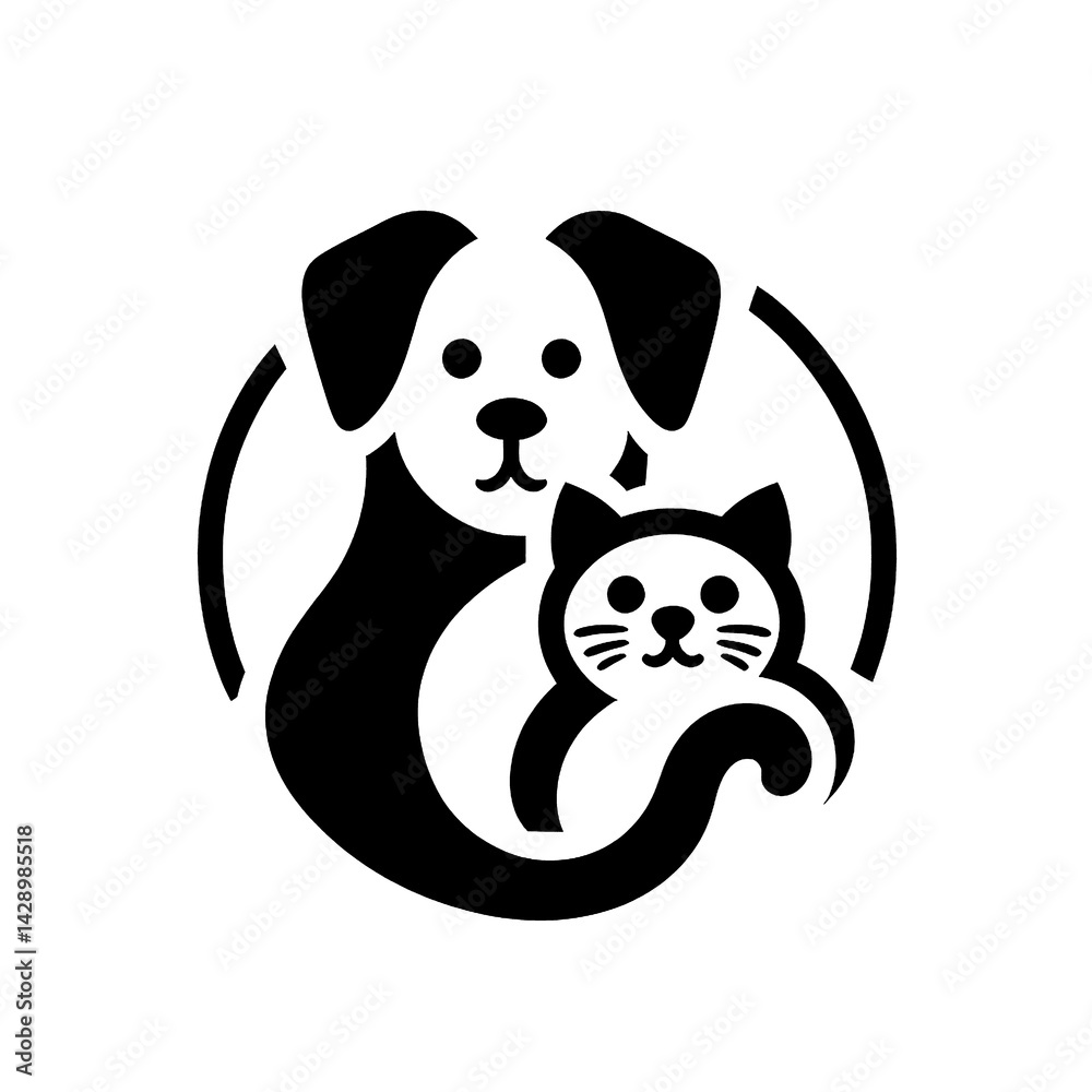 Naklejka premium isolated black and white silhouette vector of a dog and cat logo