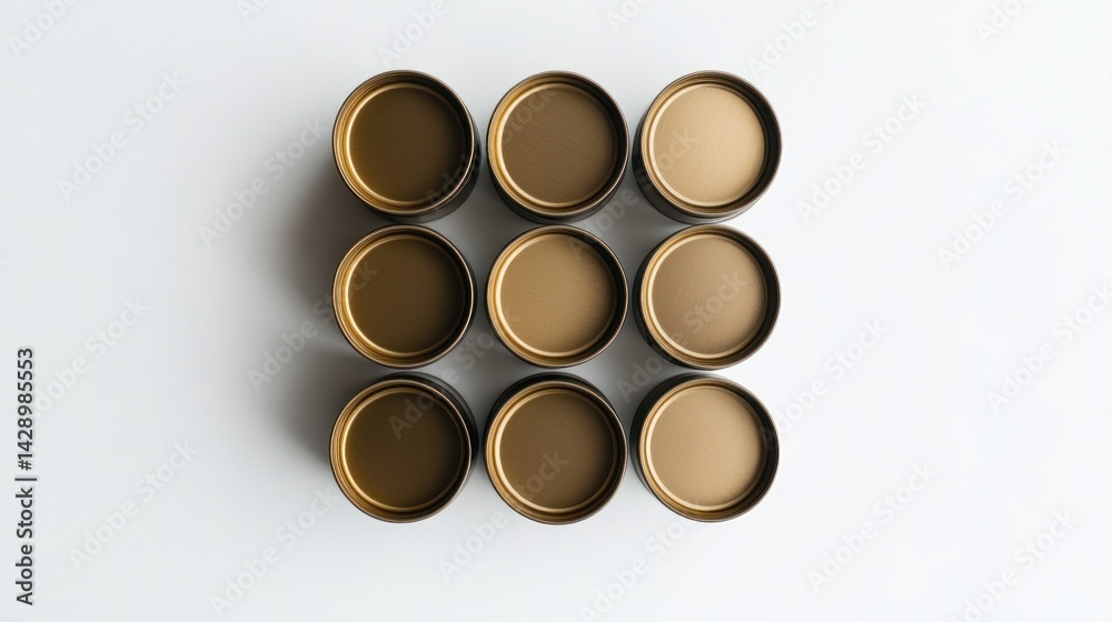 Organized, metallic, golden lids arranged in a grid pattern Organized, metallic, golden lids arranged in a grid pattern