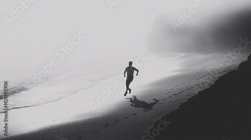 Man runs on foggy beach; waves, cliffs. Fitness, solitude, freedom concept