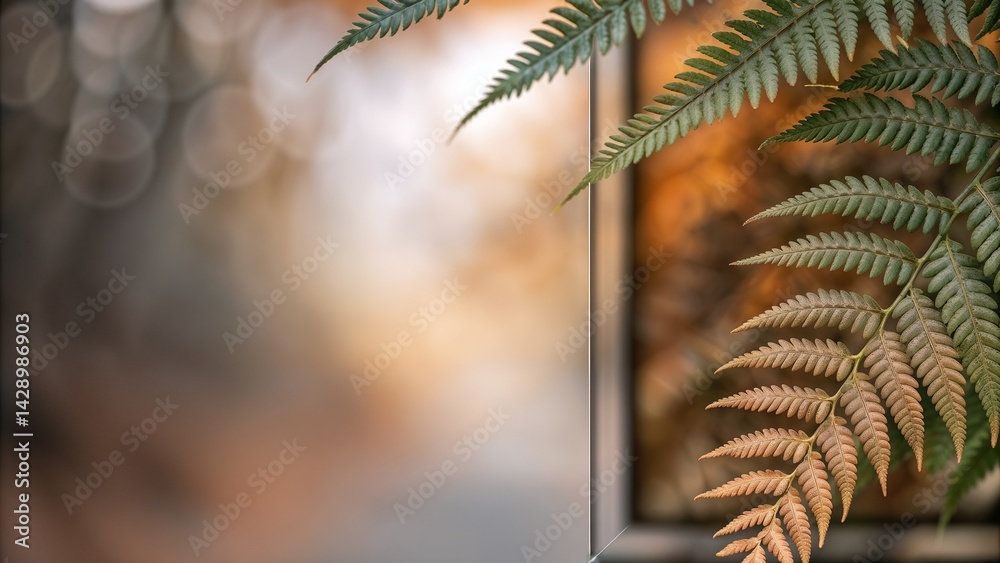 Lush fern leaves framing soft bokeh background in autumn colors