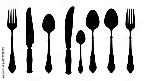set of Cutlery silhouette vector on white background