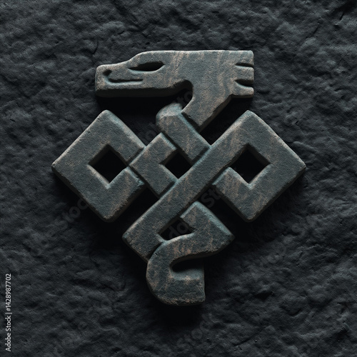 Ancient Nordic dragon logo, Viking runestone carved style, serpentine dragon in knot pattern, weathered stone texture, transparent background, heritage brand identity