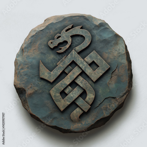 Ancient Nordic dragon logo, Viking runestone carved style, serpentine dragon in knot pattern, weathered stone texture, transparent background, heritage brand identity