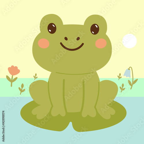 Cartoon Frog sitting in pond, cute amphibia. Green toad in natural habitat, froggy water animal in pond with water lilies and reeds flat vector illustrations. Green smiling frog character.