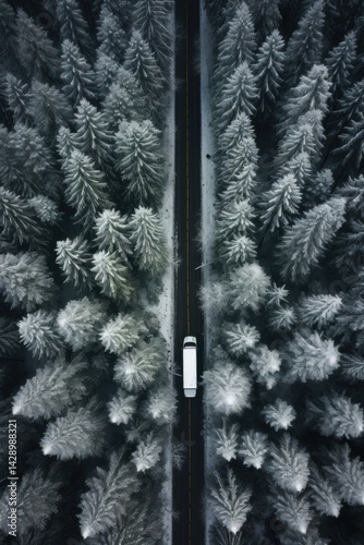 Snowy night forest road trip