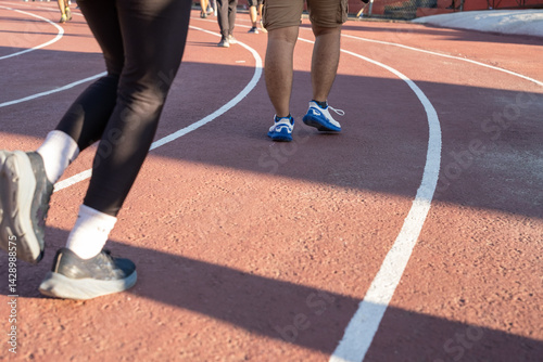 Individuals taking part in outdoor physical activity on a running track, showcasing fitness and health practices in a social environment under natural light.