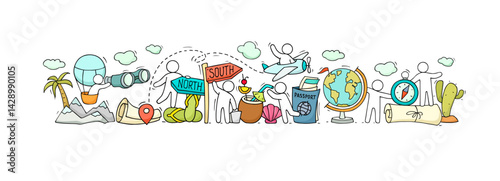 Geography science and school lesson concept. Travel poster with hand drawn people on mountains with spyglass, compass, hot air balloon and road guidepost. Vector doodle illustration
