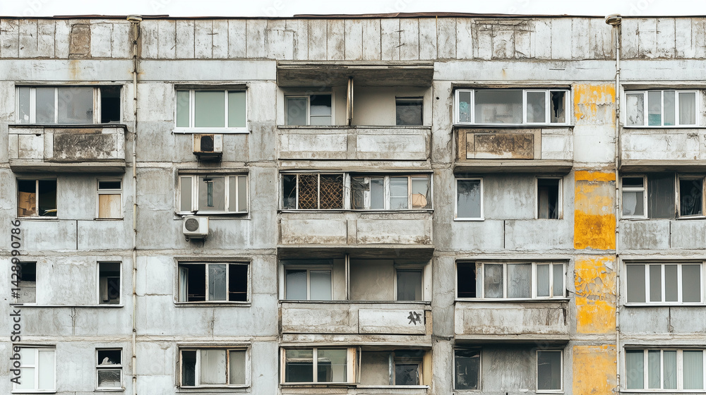 Front view of a weathered, Soviet-era apartment building with worn concrete facade and broken windows. Front view of a weathered, Soviet-era apartment building with worn concrete facade and broken windows.