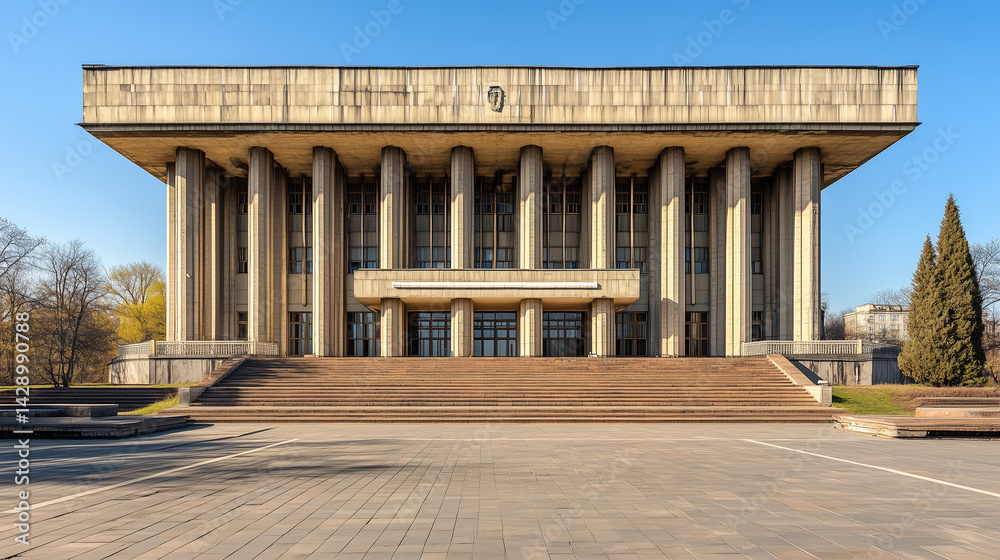 Fototapeta premium Massive concrete building with tall columns and stairs, captured on a clear day with blue sky and bare trees.