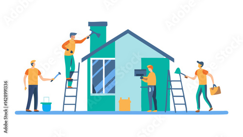 workers at a construction site painting a house, icon