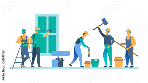 workers at construction site, icon