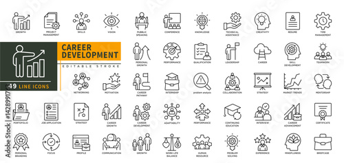 Minimalist Career Development line icons set with editable stroke. Featuring growth, project management, skills, vision, net working, motivation, strategy, career growth. thin linear illustration.