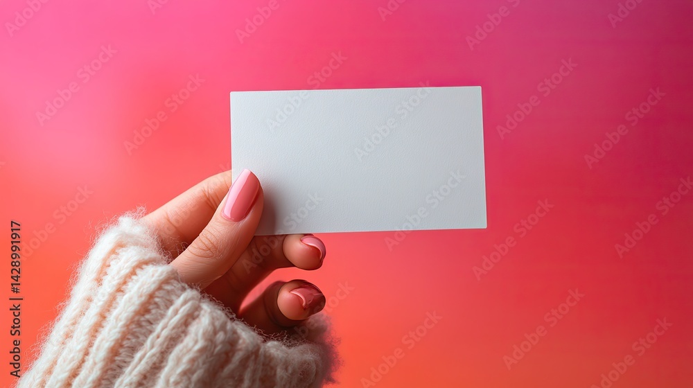Obraz premium Creating ample copy space for text or design elements, a woman's hand elegantly holding a levitating blank business card against a vibrant gradient background of pink and orange.
