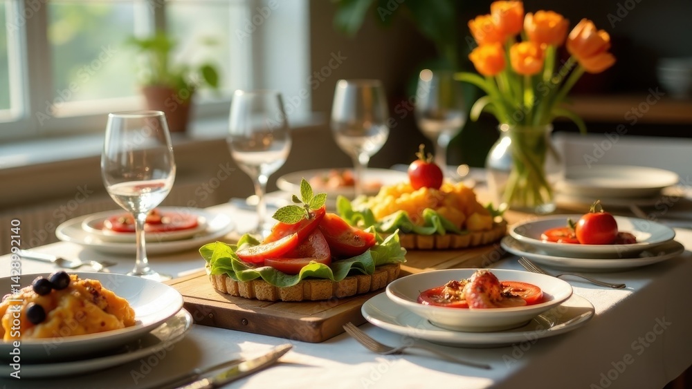 Sunlit Table Setting with Vibrant Tomato and Fruit Tarts, Elegant Glassware, and Fresh Flowers Sunlit Table Setting with Vibrant Tomato and Fruit Tarts, Elegant Glassware, and Fresh Flowers