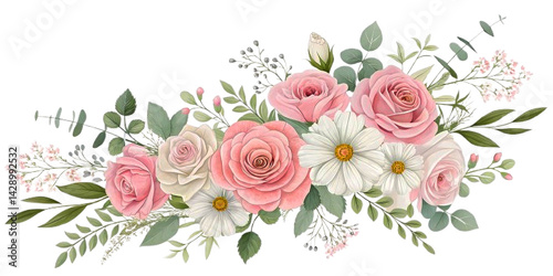 Elegant Spring Flower Border with Pink Roses and White Daisies  Transparent Floral PNG