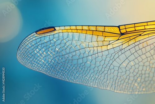 The intricate details of a dragonfly's wing are revealed in a close-up, featuring a brilliant blue shade and delicate vein patterns