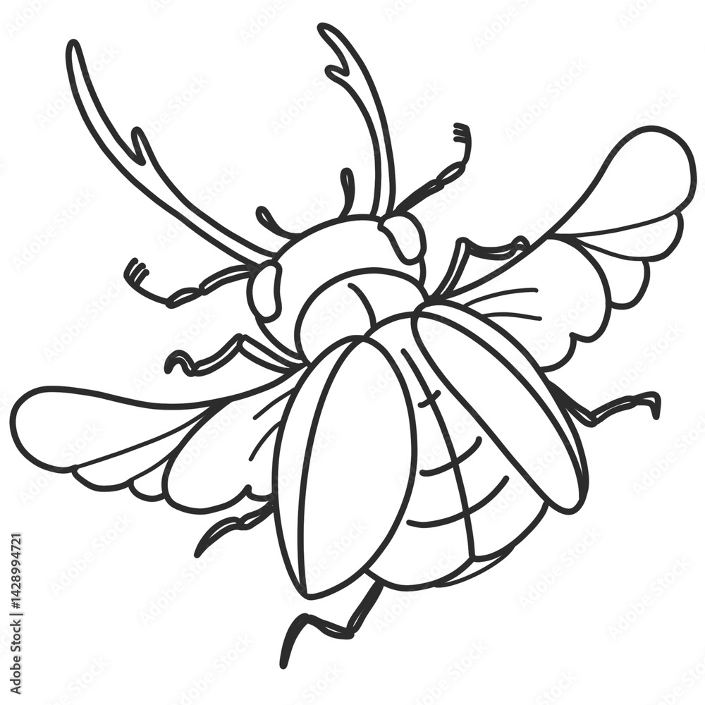 Fototapeta premium A hand-drawn beetle illustration in detailed black and white features its insect anatomy, including wings, legs, antenna, and exoskeleton, show beauty of nature wildlife in entomology and arthropods.