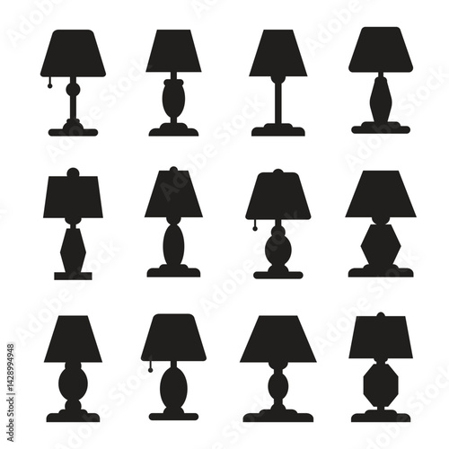 set of black silhouette of table lamps on white background