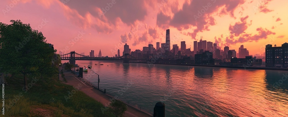 Fototapeta premium Panoramic view of the skyline in Daft with a pink and orange sunset sky, with buildings dotting the landscape, historic architecture like iconic skyscrapers of luminescent glass, and green space along