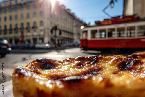a close-up of a golden Portuguese pastel de nata with a caramelized top, set against a bustling city street in Lisbon, showcasing historical architecture and a vintage tram