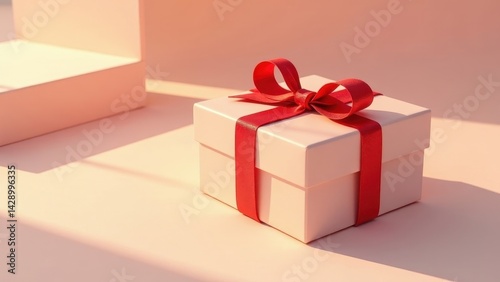 A pastel pink gift box with a vibrant red ribbon bow, bathed in warm sunlight, rests on a minimalist background