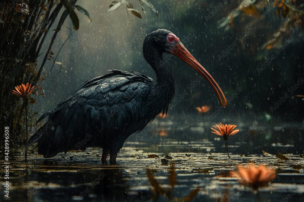 Fototapeta premium Regal Painted Stork wading among water lilies at sunset in a tranquil wetland featuring radiant plumage generative AI