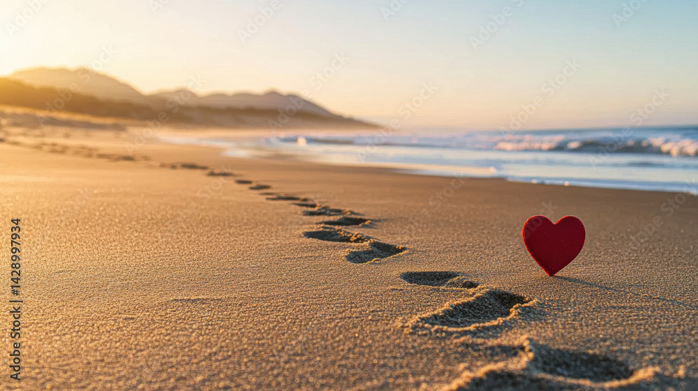 Fototapeta premium Footprints on a beach with a heart symbolizing love and connection at sunset.
